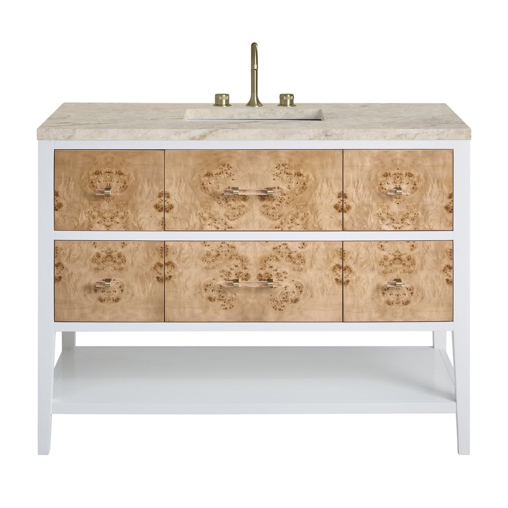 James Martin - Olena 48" Single Vanity, Light Mappa Burl and Polished White, w/ 3 CM Tajnar Eclos Top w/FreePower Wireless Charger - D804-V48-LMB-FTJR view 1