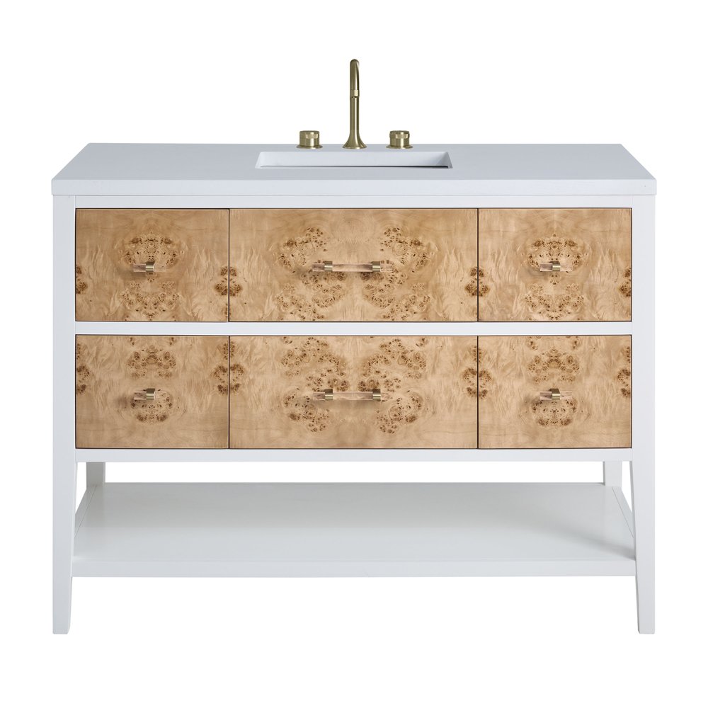James Martin - Olena 48" Single Vanity, Light Mappa Burl and Polished White w/ 3 CM White Zeus Silestone Top - D804-V48-LMB-3WZ view 1