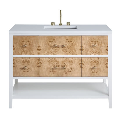 James Martin - Olena 48" Single Vanity, Light Mappa Burl and Polished White w/ 3 CM White Zeus Silestone Top - D804-V48-LMB-3WZ view 1