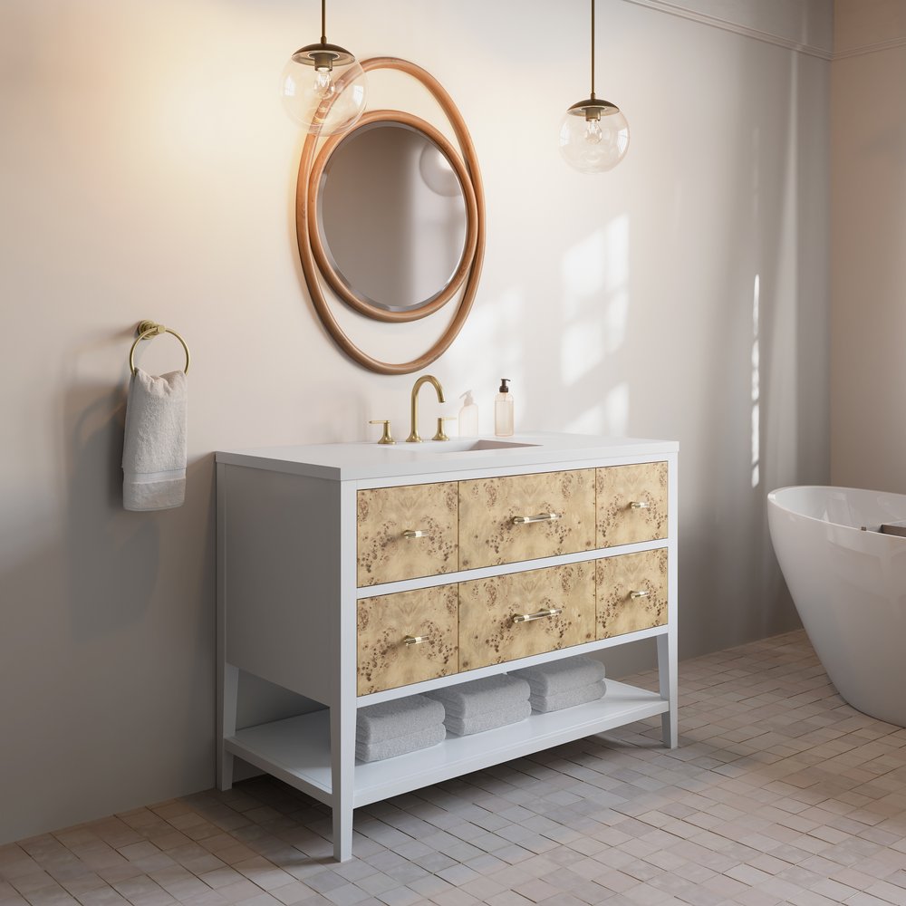 James Martin - Olena 48" Single Vanity, Light Mappa Burl and Polished White w/ 3 CM White Zeus Silestone Top - D804-V48-LMB-3WZ view 4
