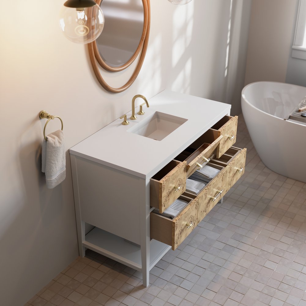 James Martin - Olena 48" Single Vanity, Light Mappa Burl and Polished White w/ 3 CM White Zeus Silestone Top - D804-V48-LMB-3WZ view 8
