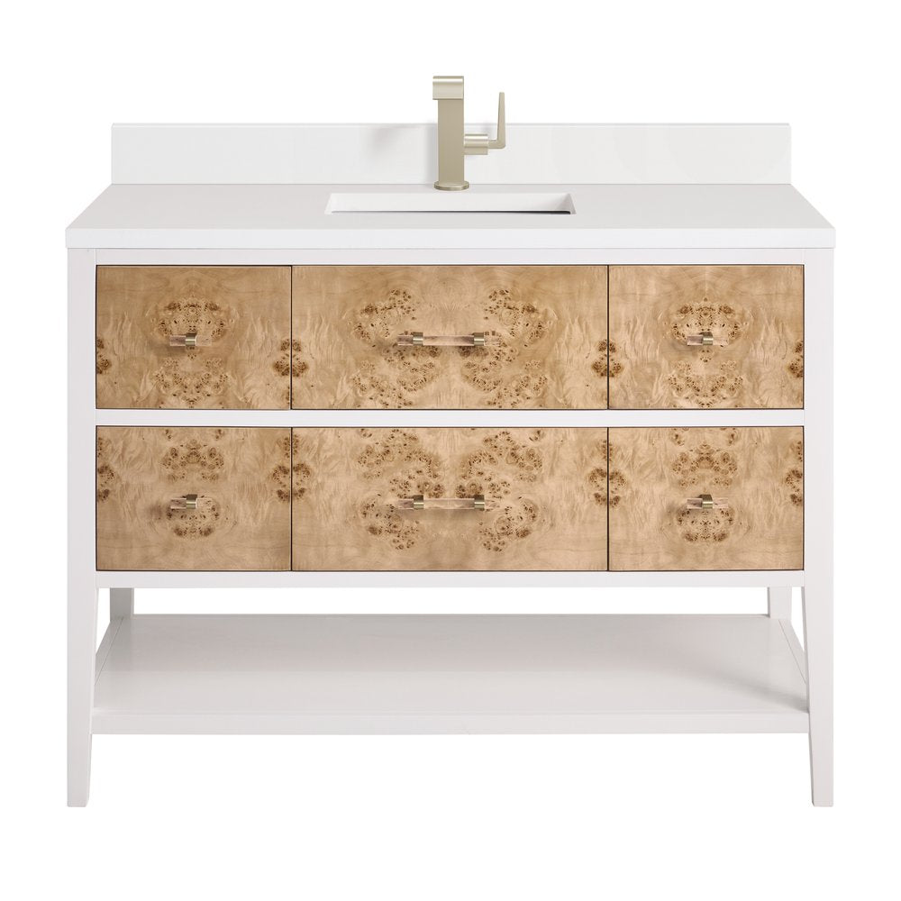 James Martin - Olena 48" Single Vanity, Light Mappa Burl and Polished White w/ Single Hole 3 CM White Zeus Silestone Top & Backsplash - D804-V48-LMB-1WZ view 1