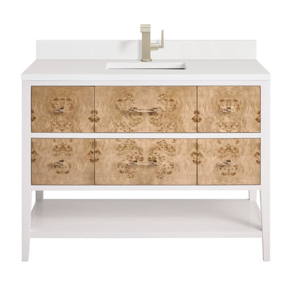 James Martin - Olena 48" Single Vanity, Light Mappa Burl and Polished White w/ Single Hole 3 CM White Zeus Silestone Top & Backsplash - D804-V48-LMB-1WZ view 1