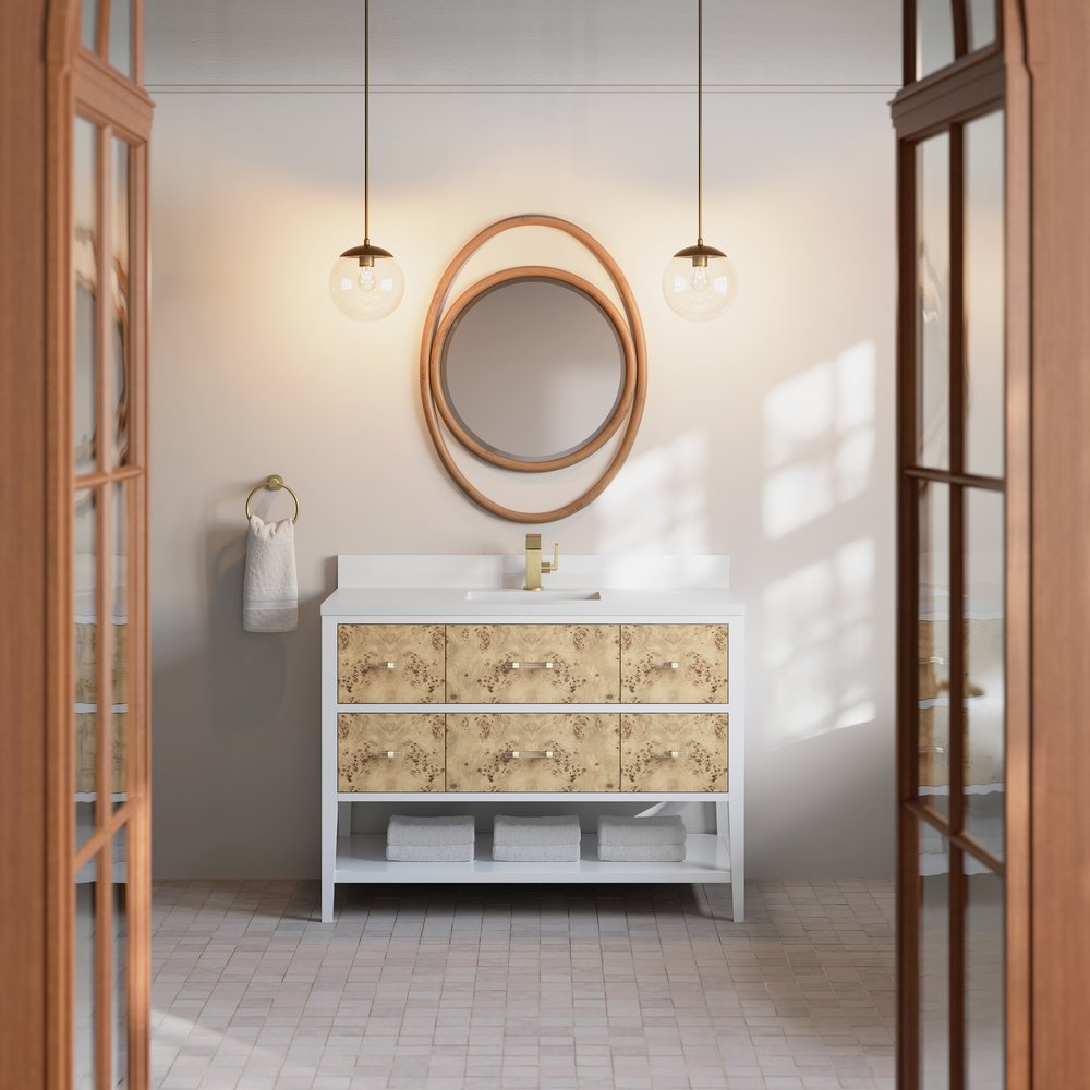 James Martin - Olena 48" Single Vanity, Light Mappa Burl and Polished White w/ Single Hole 3 CM White Zeus Silestone Top & Backsplash - D804-V48-LMB-1WZ view 3