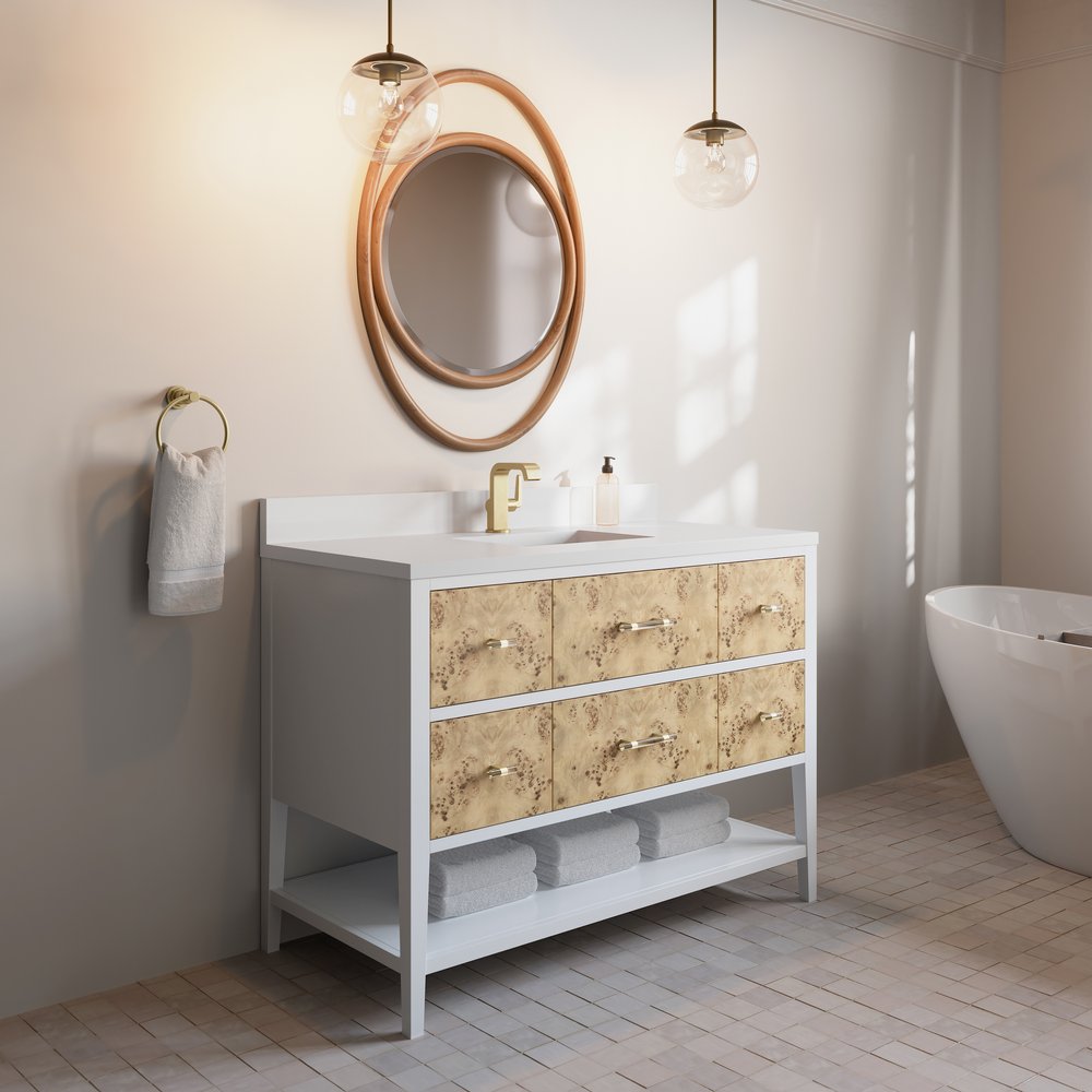 James Martin - Olena 48" Single Vanity, Light Mappa Burl and Polished White w/ Single Hole 3 CM White Zeus Silestone Top & Backsplash - D804-V48-LMB-1WZ view 4