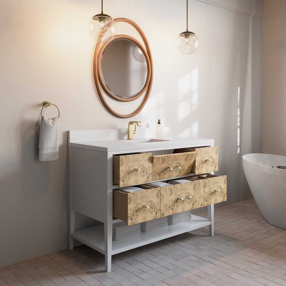 James Martin - Olena 48" Single Vanity, Light Mappa Burl and Polished White w/ Single Hole 3 CM White Zeus Silestone Top & Backsplash - D804-V48-LMB-1WZ view 5