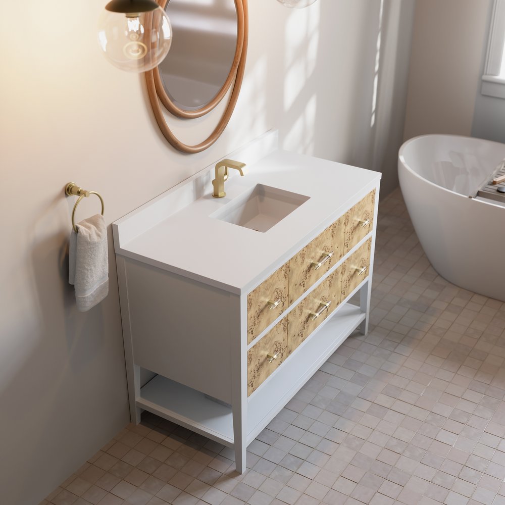 James Martin - Olena 48" Single Vanity, Light Mappa Burl and Polished White w/ Single Hole 3 CM White Zeus Silestone Top & Backsplash - D804-V48-LMB-1WZ view 7