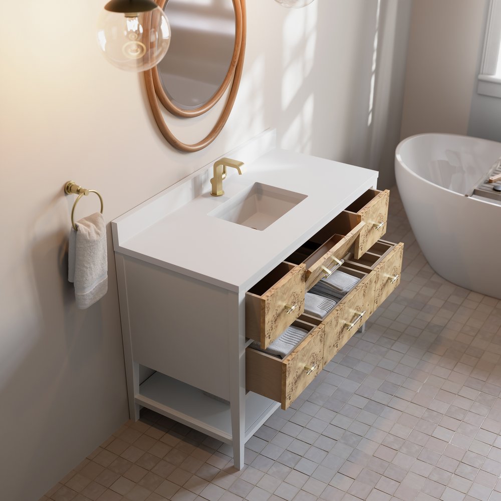 James Martin - Olena 48" Single Vanity, Light Mappa Burl and Polished White w/ Single Hole 3 CM White Zeus Silestone Top & Backsplash - D804-V48-LMB-1WZ view 8