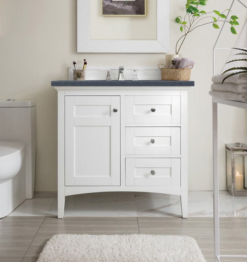 James Martin - Palisades 36" Single Vanity, Bright White w/ 3 CM Charcoal Soapstone Silestone Top - 527-V36-BW-3CSP view 1