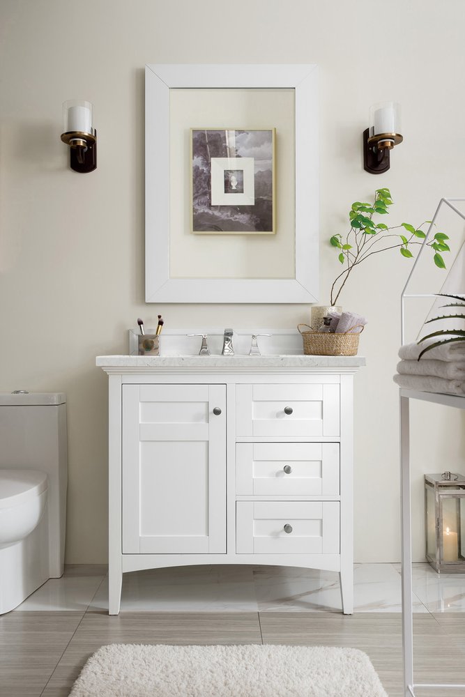 James Martin - Palisades 36" Single Vanity, Bright White w/ 3 CM Eternal Jasmine Pearl Silestone Top - 527-V36-BW-3EJP view 2