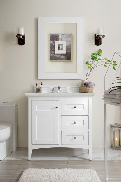 James Martin - Palisades 36" Single Vanity, Bright White w/ 3 CM Eternal Jasmine Pearl Silestone Top - 527-V36-BW-3EJP view 2