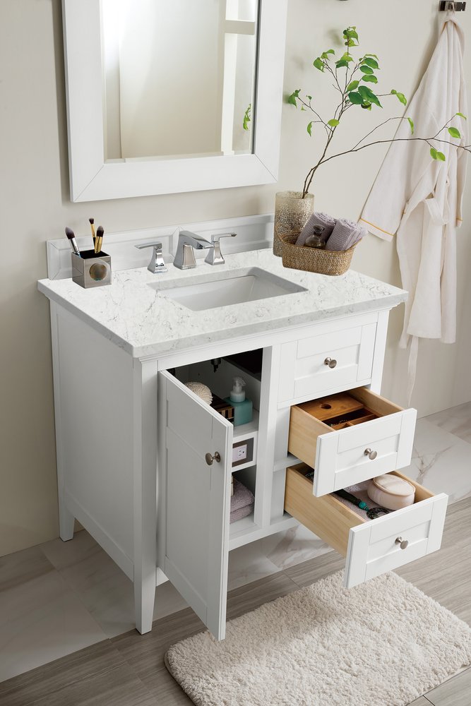 James Martin - Palisades 36" Single Vanity, Bright White w/ 3 CM Eternal Jasmine Pearl Silestone Top - 527-V36-BW-3EJP view 4