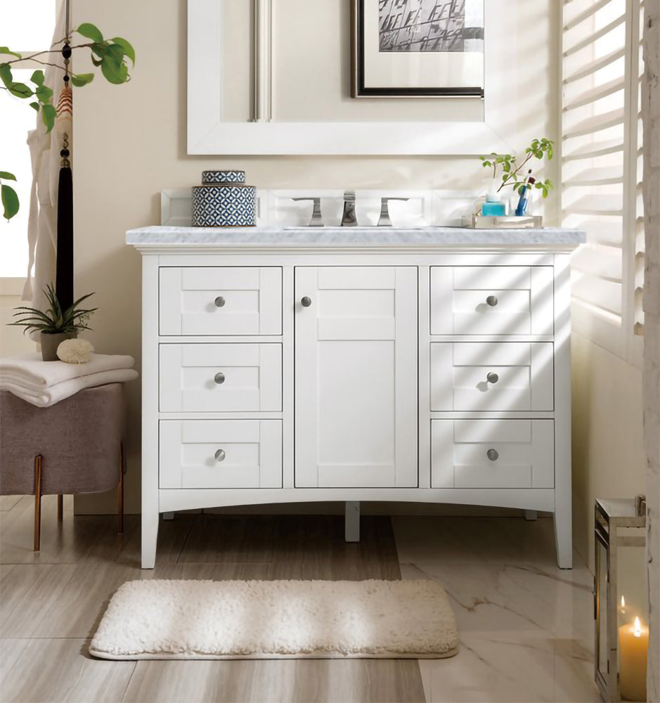 James Martin - Palisades 48" Single Vanity, Bright White w/ 3 CM Carrara Marble Top - 527-V48-BW-3CAR view 1