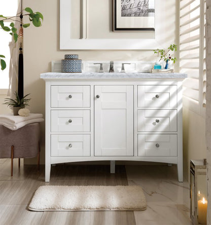 James Martin - Palisades 48" Single Vanity, Bright White w/ 3 CM Carrara Marble Top - 527-V48-BW-3CAR view 1