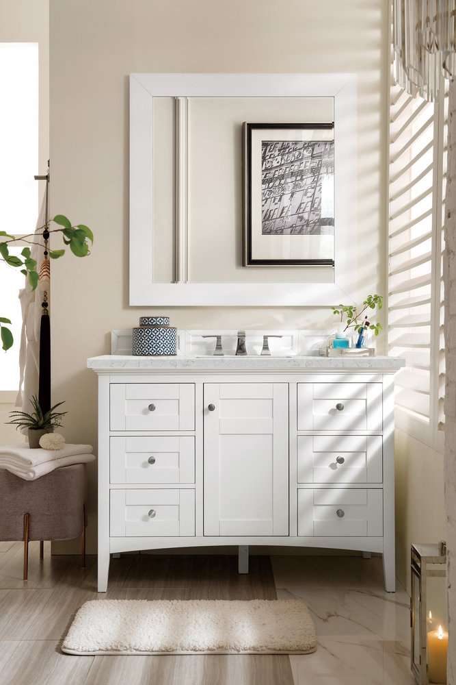 James Martin - Palisades 48" Single Vanity, Bright White w/ 3 CM Eternal Jasmine Pearl Silestone Top - 527-V48-BW-3EJP view 2