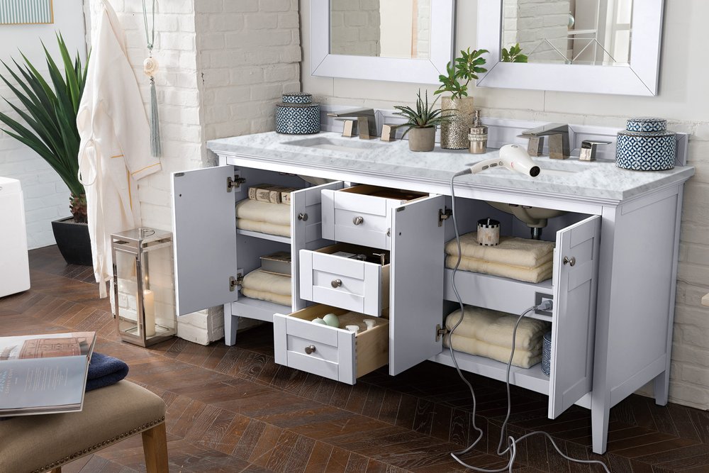 James Martin - Palisades 72" Double Vanity, Bright White w/ 3 CM Carrara Marble Top - 527-V72-BW-3CAR view 3