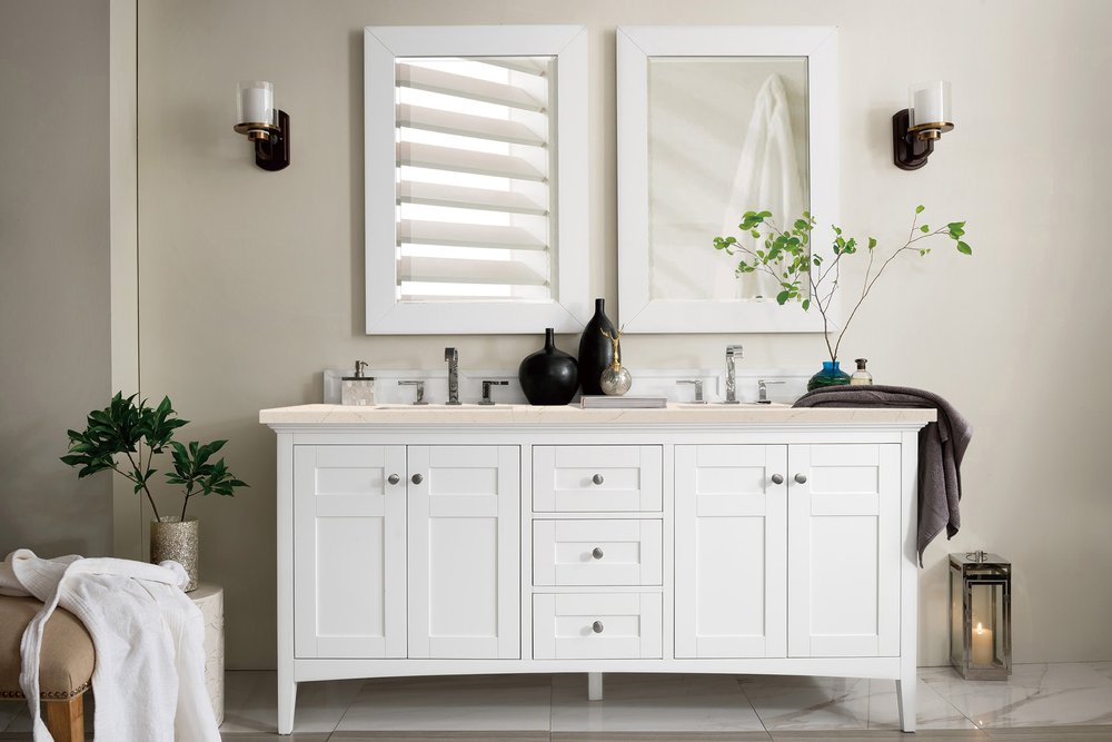 James Martin - Palisades 72" Double Vanity, Bright White w/ 3 CM Eternal Marfil Silestone Top - 527-V72-BW-3EMR view 2