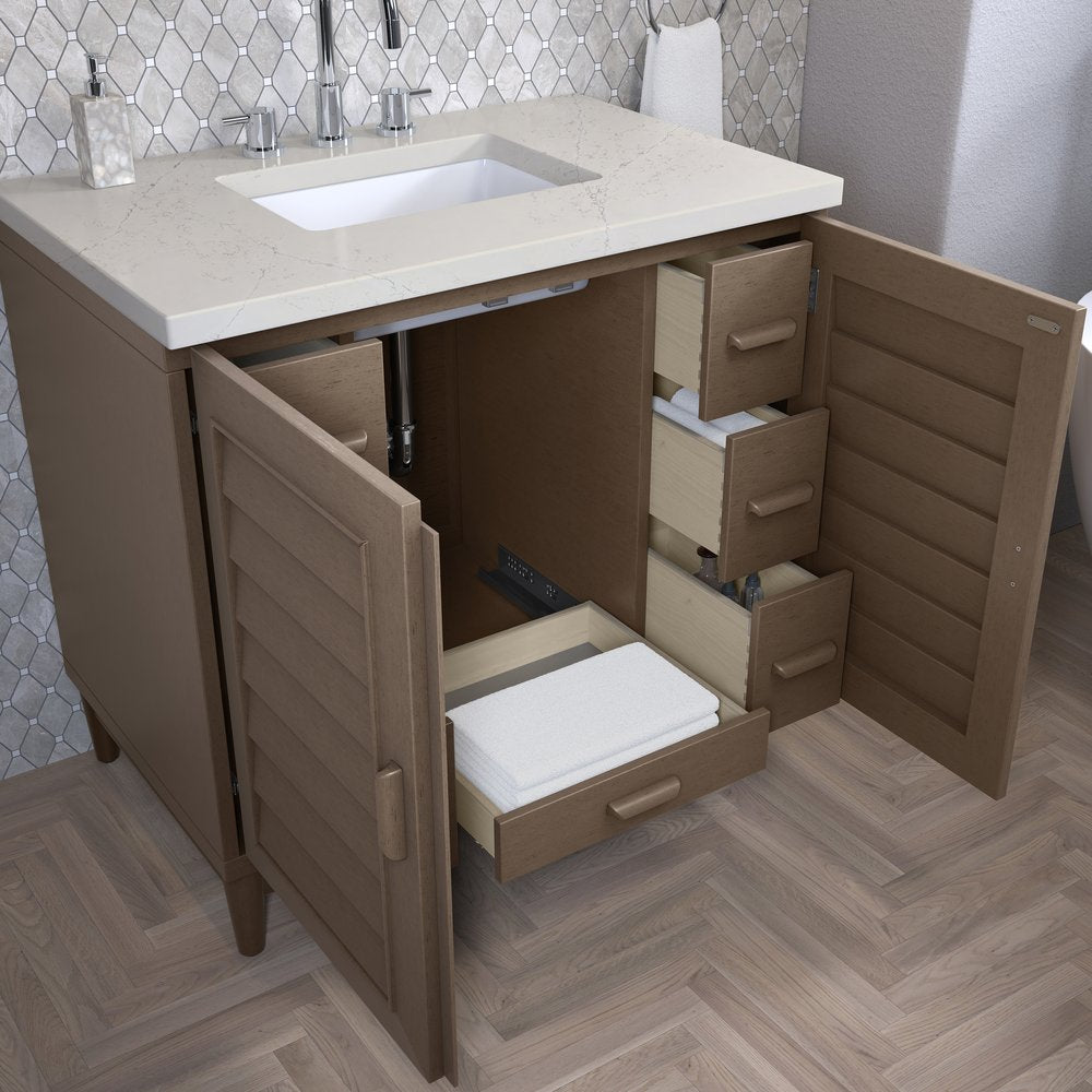 James Martin - Portland 36" Single Vanity, Whitewashed Walnut, w/ 3 CM Siberian Silestone Top - 620-V36-WW-3SFR view 5