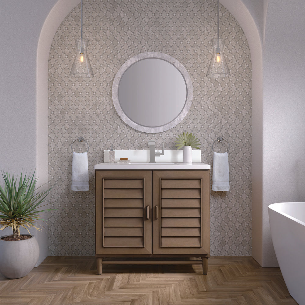 James Martin - Portland 36" Single Vanity Whitewashed Walnut w/ Single Hole 3 CM White Zeus Silestone Top & Backsplash - 620-V36-WW-1WZ view 3