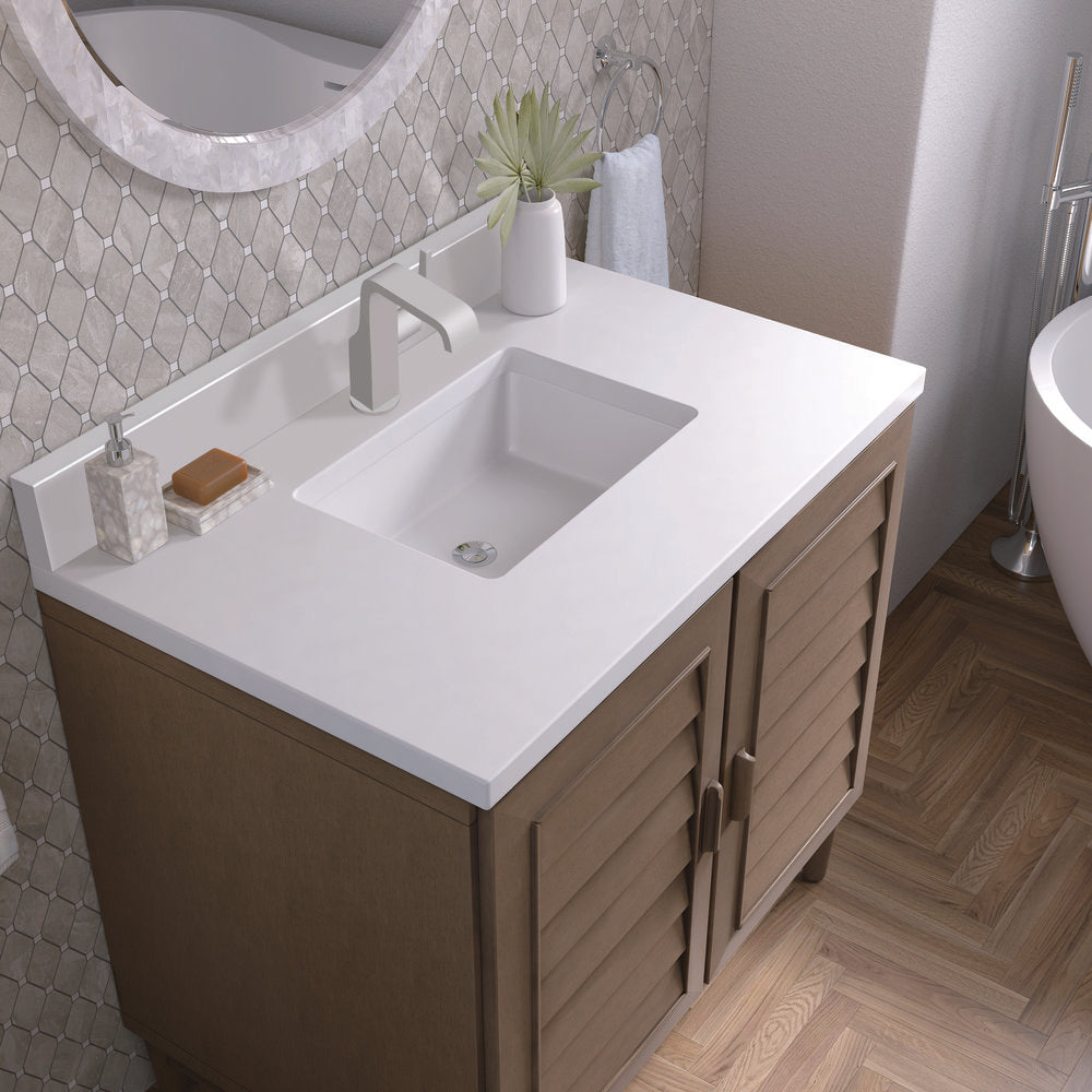 James Martin - Portland 36" Single Vanity Whitewashed Walnut w/ Single Hole 3 CM White Zeus Silestone Top & Backsplash - 620-V36-WW-1WZ view 7