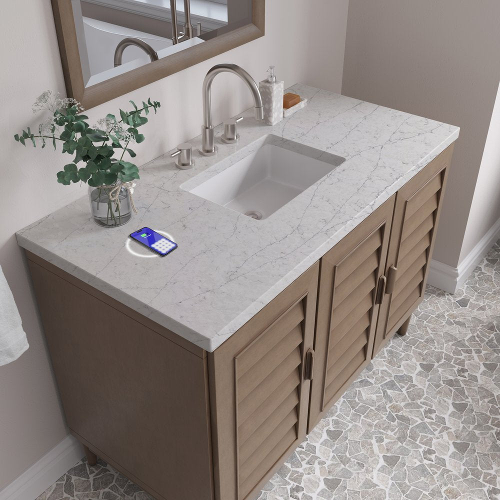 James Martin - Portland 48" Single Vanity Whitewashed Walnut w/ 3 CM Eternal Jasmine Pearl Silestone Top w/FreePower Wireless Charger - 620-V48-WW-FEJP view 10