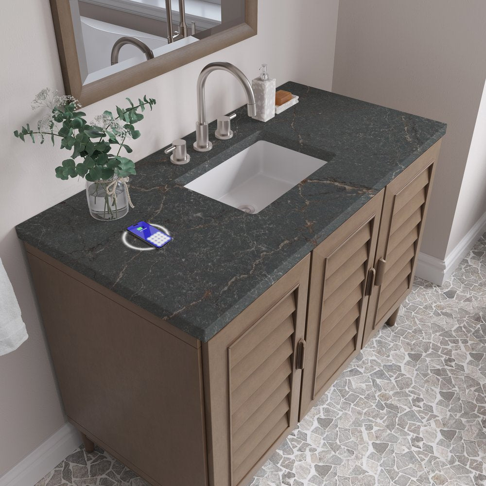 James Martin - Portland 48" Single Vanity Whitewashed Walnut w/ 3 CM Parisien Bleu Silestone Top w/FreePower Wireless Charger - 620-V48-WW-FPBL view 8