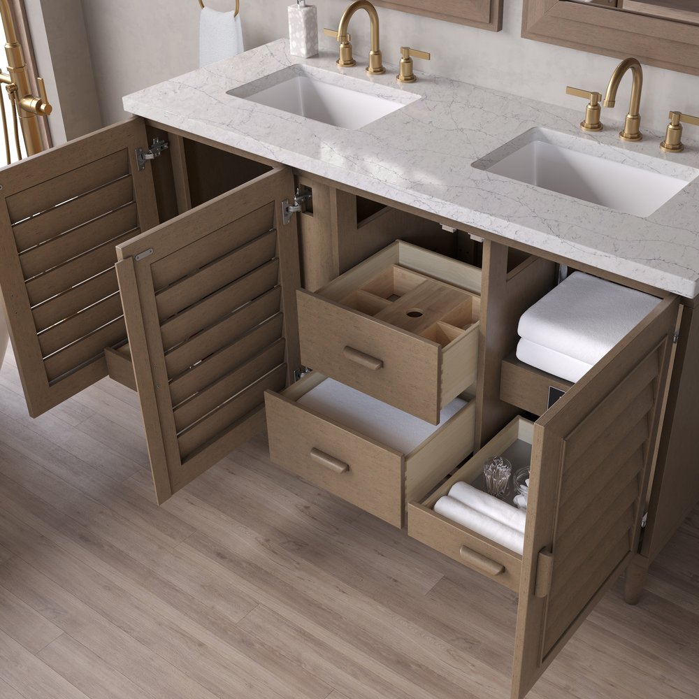 James Martin - Portland 60" Double Vanity Whitewashed Walnut w/ 3 CM Eternal Jasmine Pearl Silestone Top - 620-V60D-WW-3EJP view 5