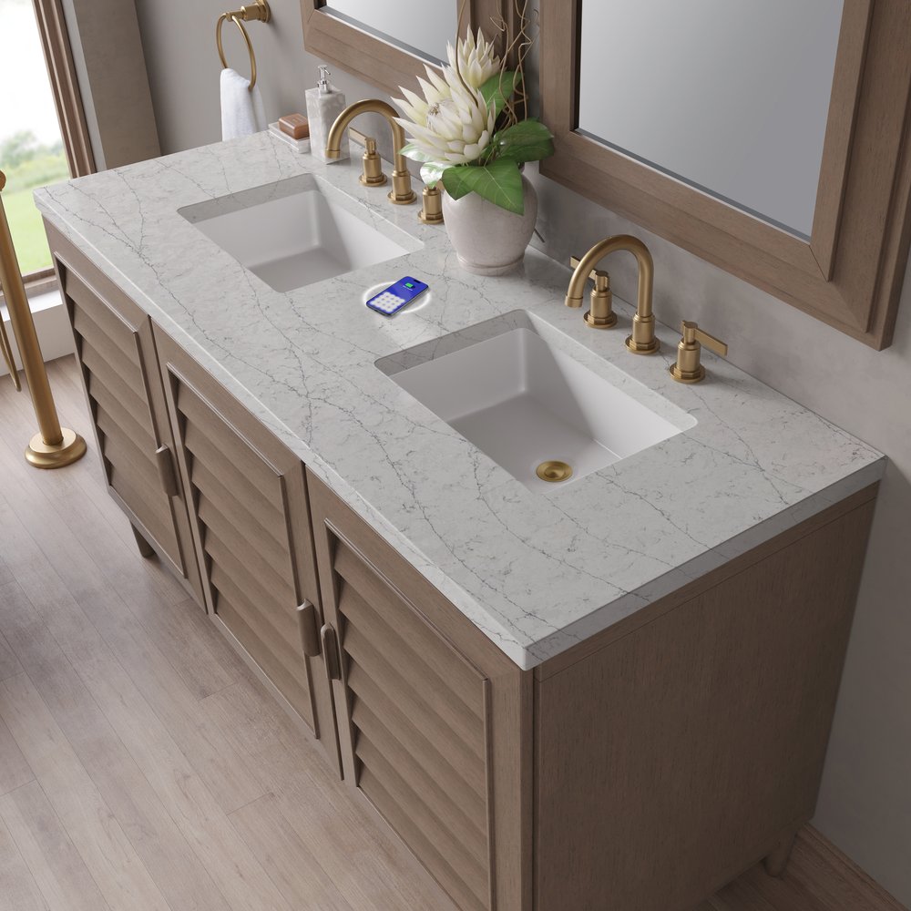 James Martin - Portland 60" Double Vanity Whitewashed Walnut w/ 3 CM Eternal Jasmine Pearl Silestone Top w/FreePower Wireless Charger - 620-V60D-WW-FEJP view 10