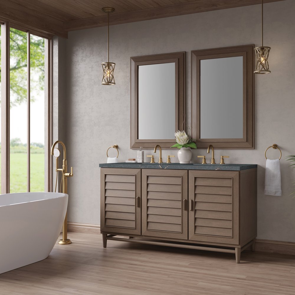 James Martin - Portland 60" Double Vanity Whitewashed Walnut w/ 3 CM Parisien Bleu Silestone Top - 620-V60D-WW-3PBL view 4