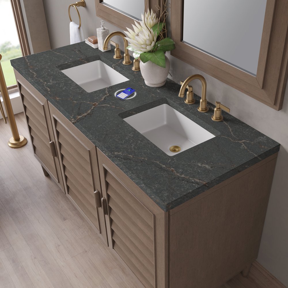 James Martin - Portland 60" Double Vanity Whitewashed Walnut w/ 3 CM Parisien Bleu Silestone Top w/FreePower Wireless Charger - 620-V60D-WW-FPBL view 9