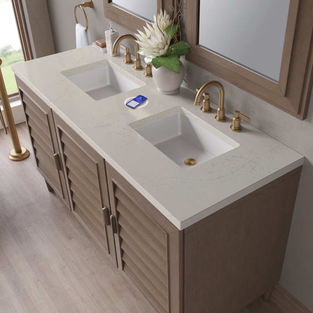James Martin - Portland 60" Double Vanity, Whitewashed Walnut, w/ 3 CM Siberian Silestone Top w/FreePower Wireless Charger - 620-V60D-WW-FSFR view 9