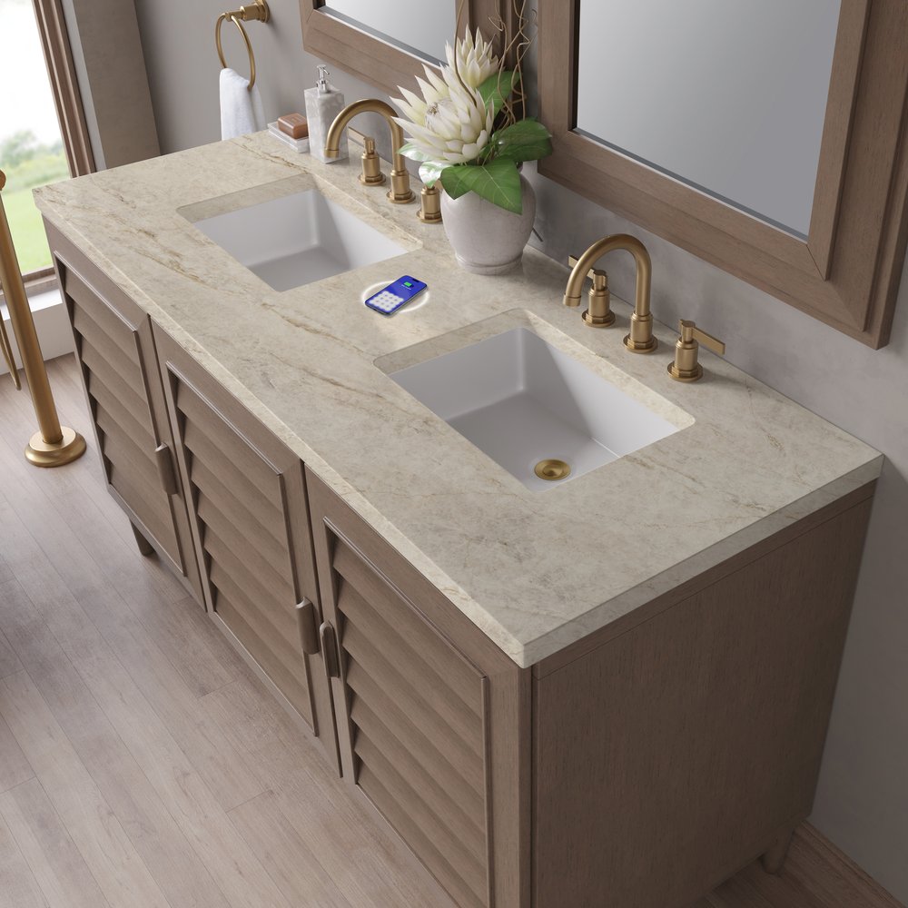 James Martin - Portland 60" Double Vanity, Whitewashed Walnut, w/ 3 CM Tajnar Eclos Top w/FreePower Wireless Charger - 620-V60D-WW-FTJR view 9