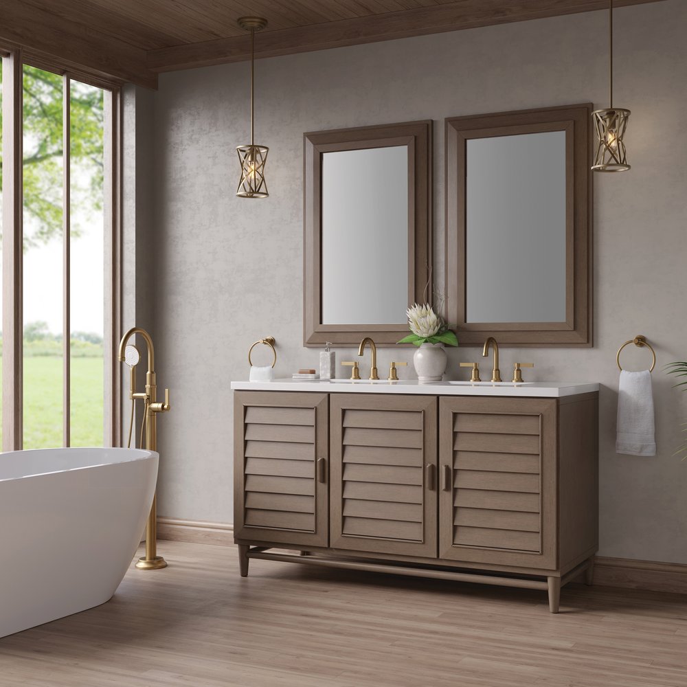 James Martin - Portland 60" Double Vanity Whitewashed Walnut w/ 3 CM White Zeus Silestone Top - 620-V60D-WW-3WZ view 4