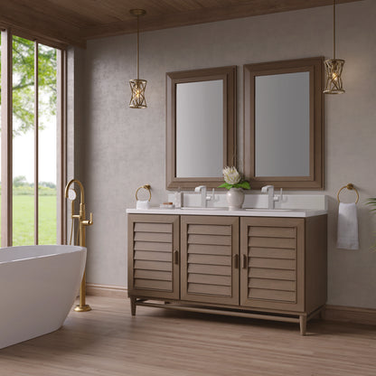 James Martin - Portland 60" Double Vanity Whitewashed Walnut w/ Single Hole 3 CM White Zeus Silestone Top & Backsplash - 620-V60D-WW-1WZ view 4