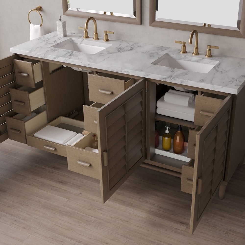 James Martin - Portland 72" Double Vanity Whitewashed Walnut w/ 3 CM Carrara Marble Top - 620-V72-WW-3CAR view 5
