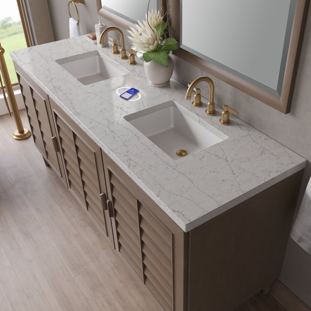 James Martin - Portland 72" Double Vanity Whitewashed Walnut w/ 3 CM Eternal Jasmine Pearl Silestone Top w/FreePower Wireless Charger - 620-V72-WW-FEJP view 8
