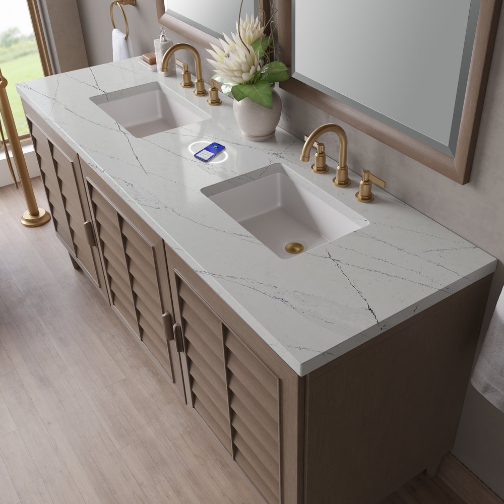 James Martin - Portland 72" Double Vanity Whitewashed Walnut w/ 3 CM Ethereal Noctis Silestone Top w/FreePower Wireless Charger - 620-V72-WW-FENC view 8