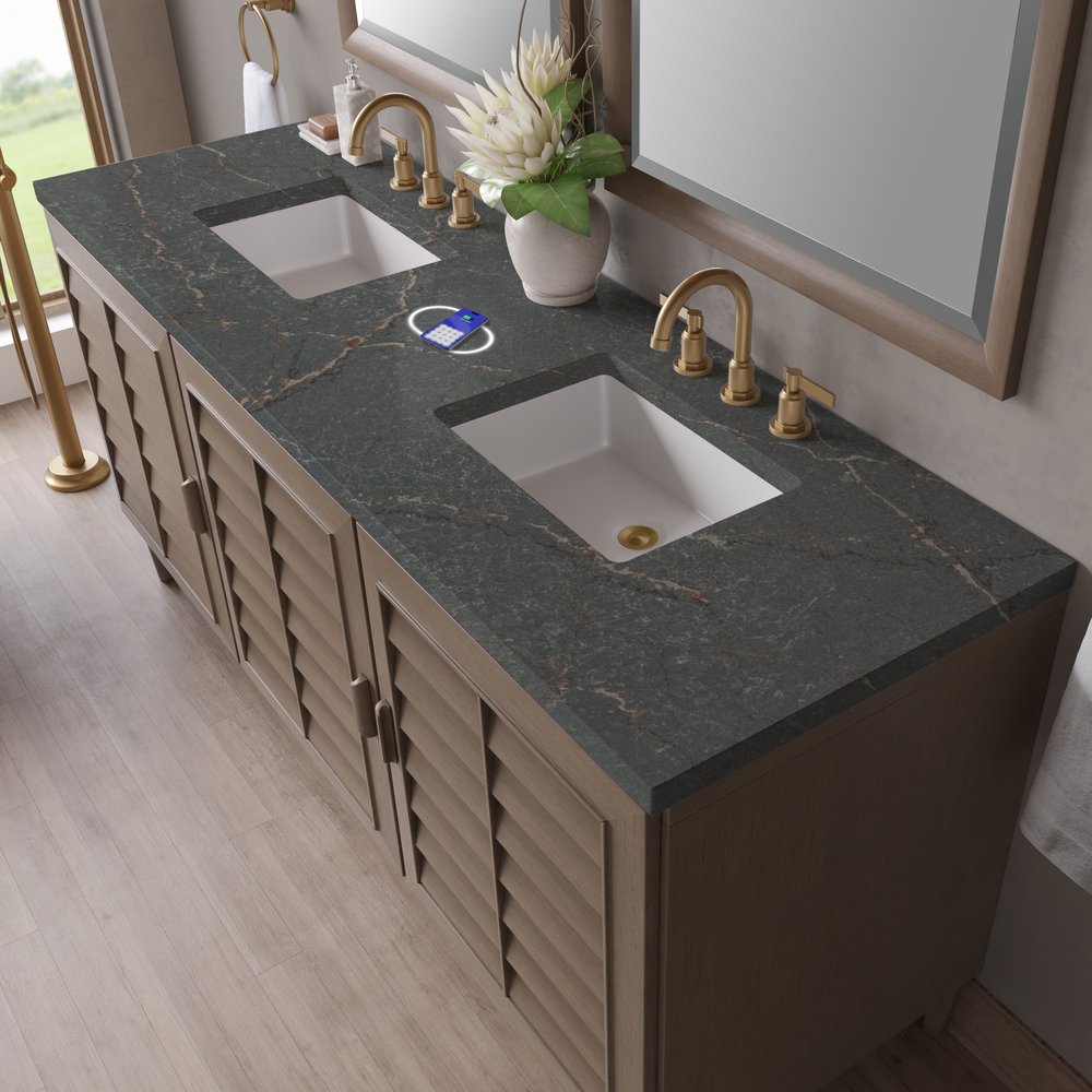 James Martin - Portland 72" Double Vanity Whitewashed Walnut w/ 3 CM Parisien Bleu Silestone Top w/FreePower Wireless Charger - 620-V72-WW-FPBL view 7