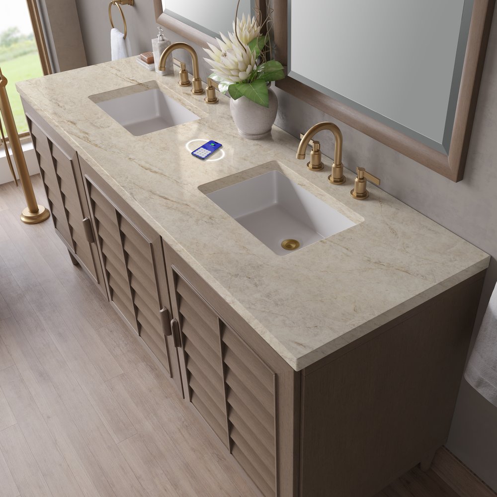 James Martin - Portland 72" Double Vanity, Whitewashed Walnut, w/ 3 CM Tajnar Eclos Top w/FreePower Wireless Charger - 620-V72-WW-FTJR view 7
