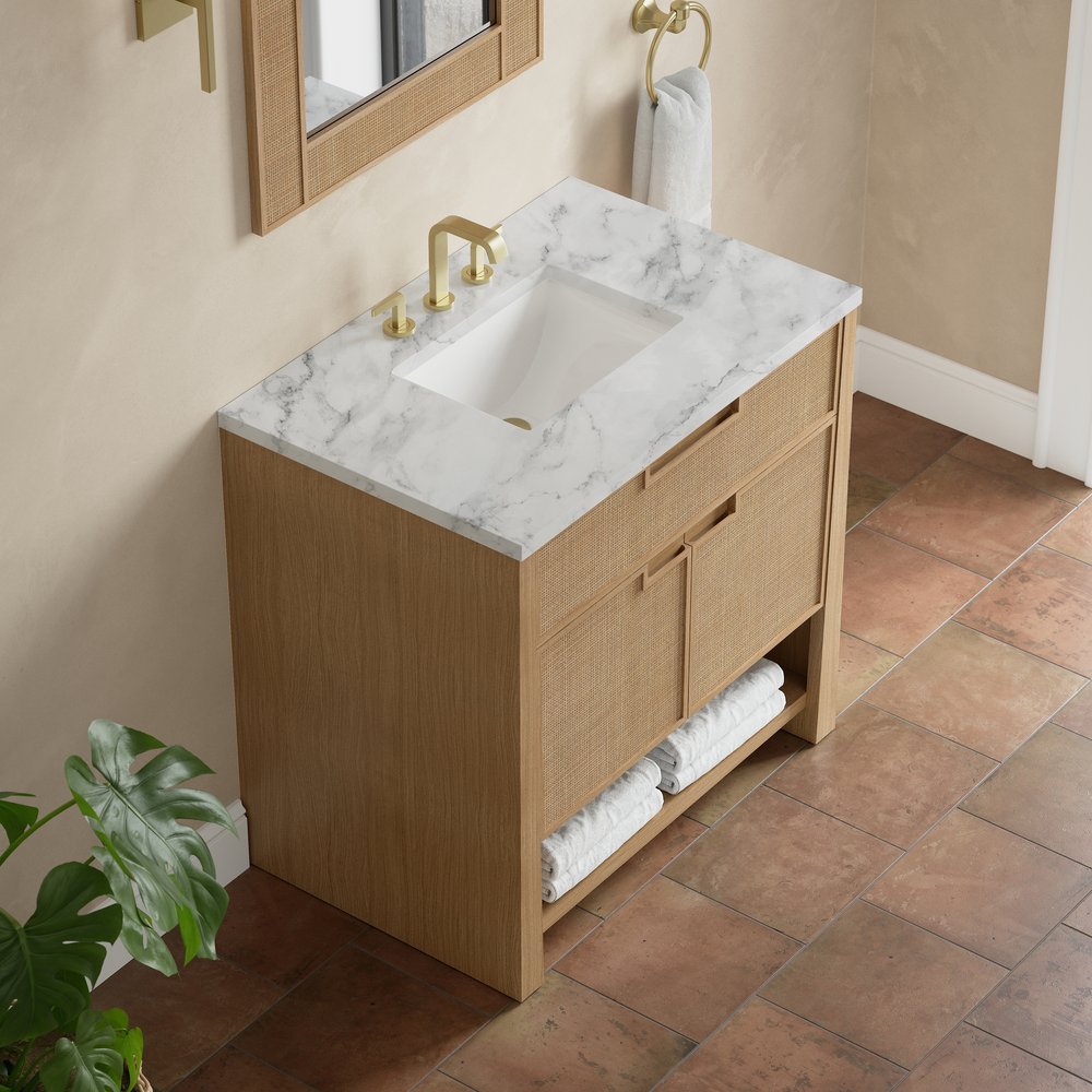 James Martin - Solene 36" Single Vanity, Seaside Oak, w/ 3 CM Carrara Marble Top - D225-V36-SSO-3CAR view 6
