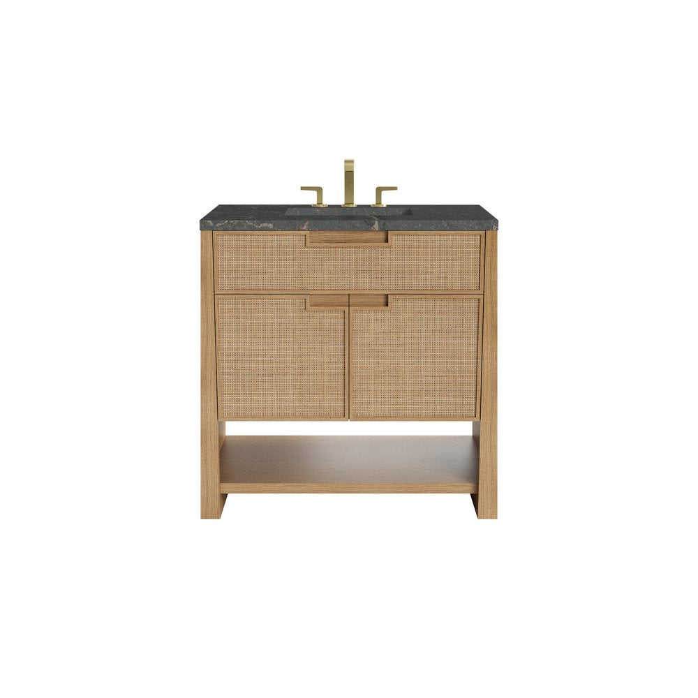 James Martin - Solene 36" Single Vanity, Seaside Oak, w/ 3 CM Parisien Bleu Quartz Top - D225-V36-SSO-3PBL view 1