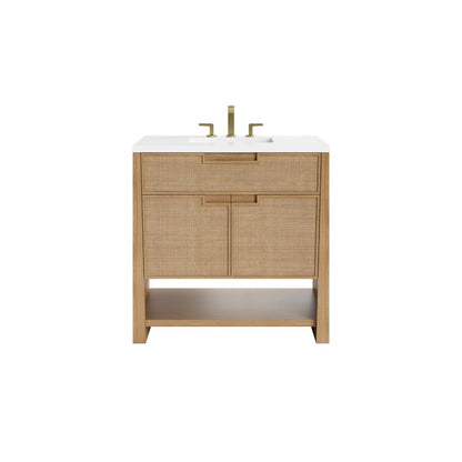 James Martin - Solene 36" Single Vanity, Seaside Oak, w/ Single Hole 3 CM White Zeus Quartz Top & Backsplash - D225-V36-SSO-1WZ view 1