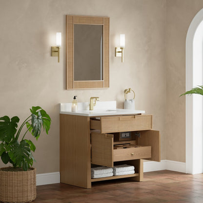 James Martin - Solene 36" Single Vanity, Seaside Oak, w/ Single Hole 3 CM White Zeus Quartz Top & Backsplash - D225-V36-SSO-1WZ view 5