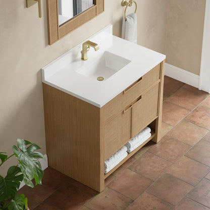 James Martin - Solene 36" Single Vanity, Seaside Oak, w/ Single Hole 3 CM White Zeus Quartz Top & Backsplash - D225-V36-SSO-1WZ view 6