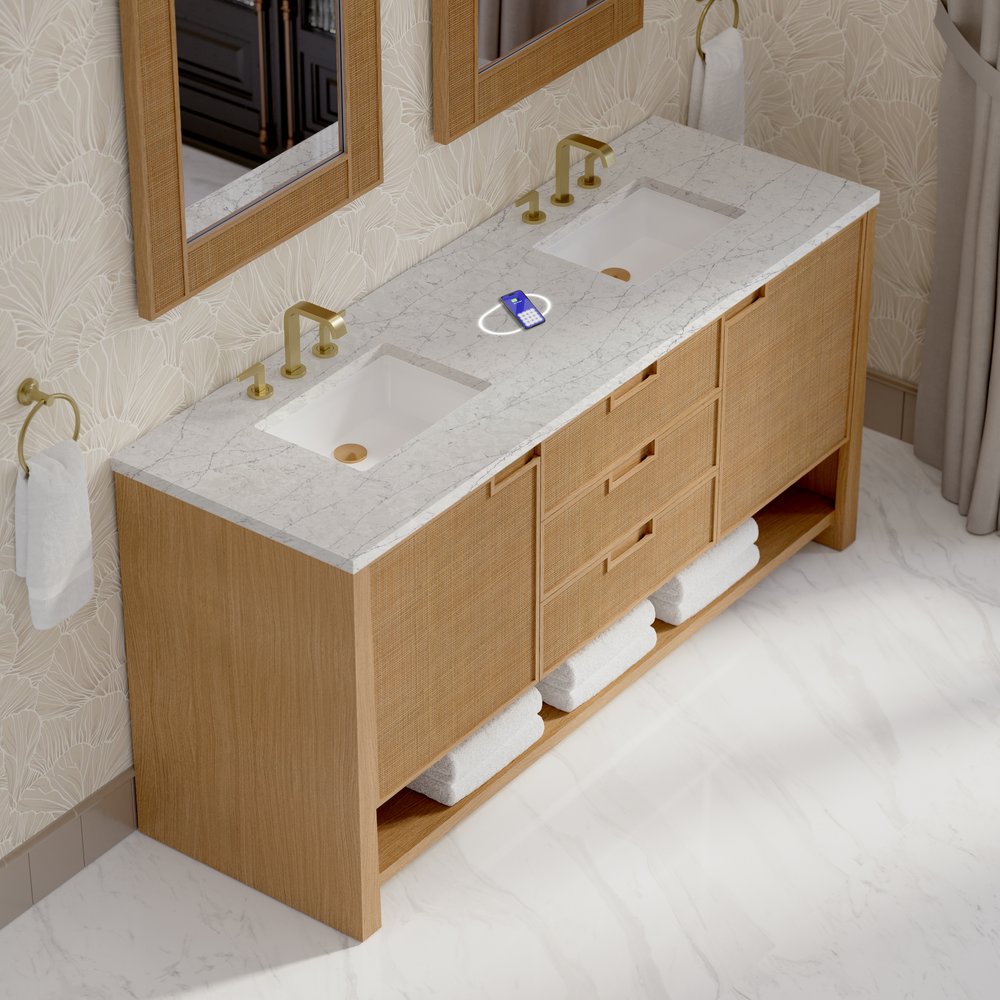 James Martin - Solene 72" Double Vanity, Seaside Oak, w/ 3 CM Eternal Jasmine Pearl Silestone Top w/ FreePower Wireless Charger - D225-V72-SSO-FEJP view 7