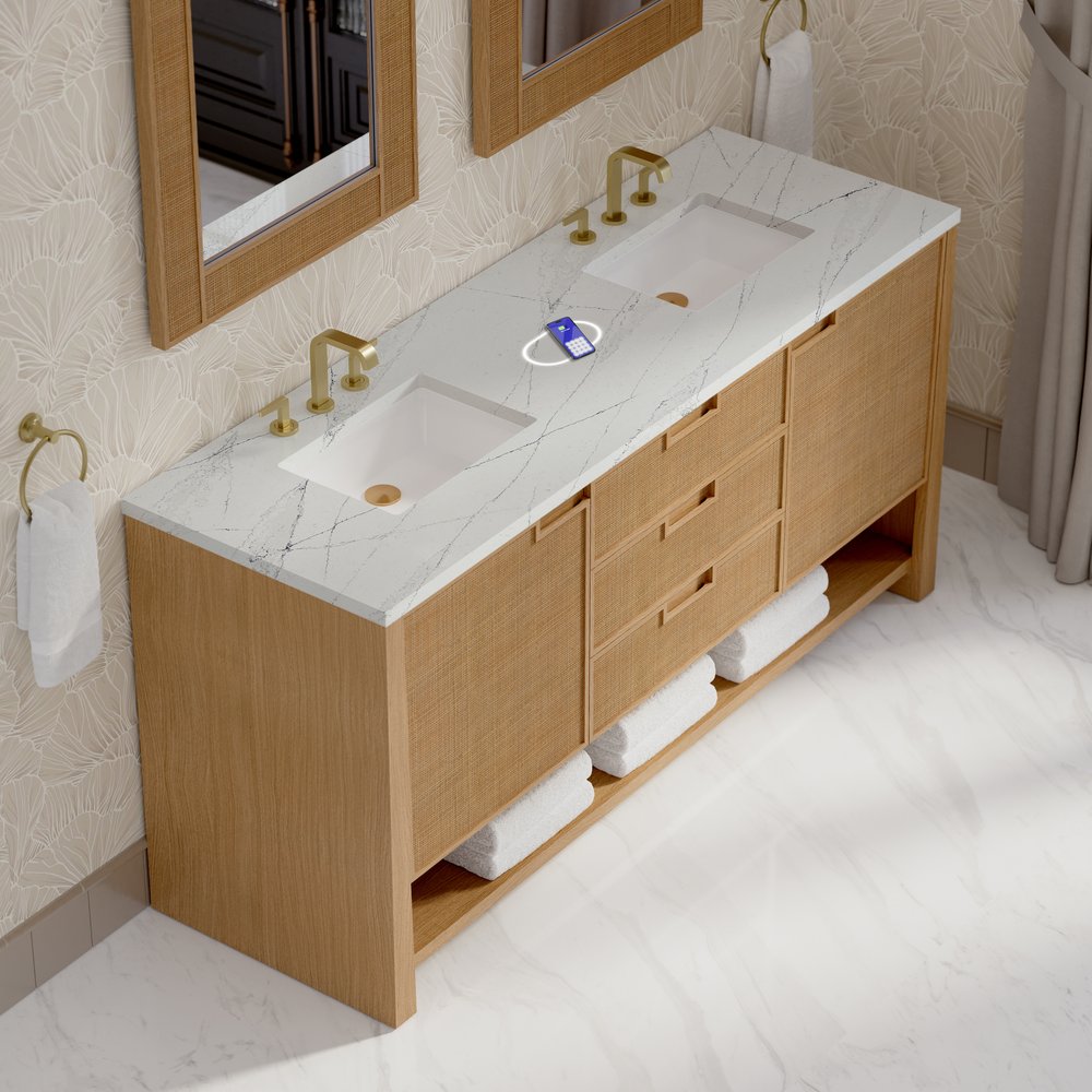 James Martin - Solene 72" Double Vanity, Seaside Oak, w/ 3 CM Ethereal Noctis Silestone Top w/ FreePower Wireless Charger - D225-V72-SSO-FENC view 7