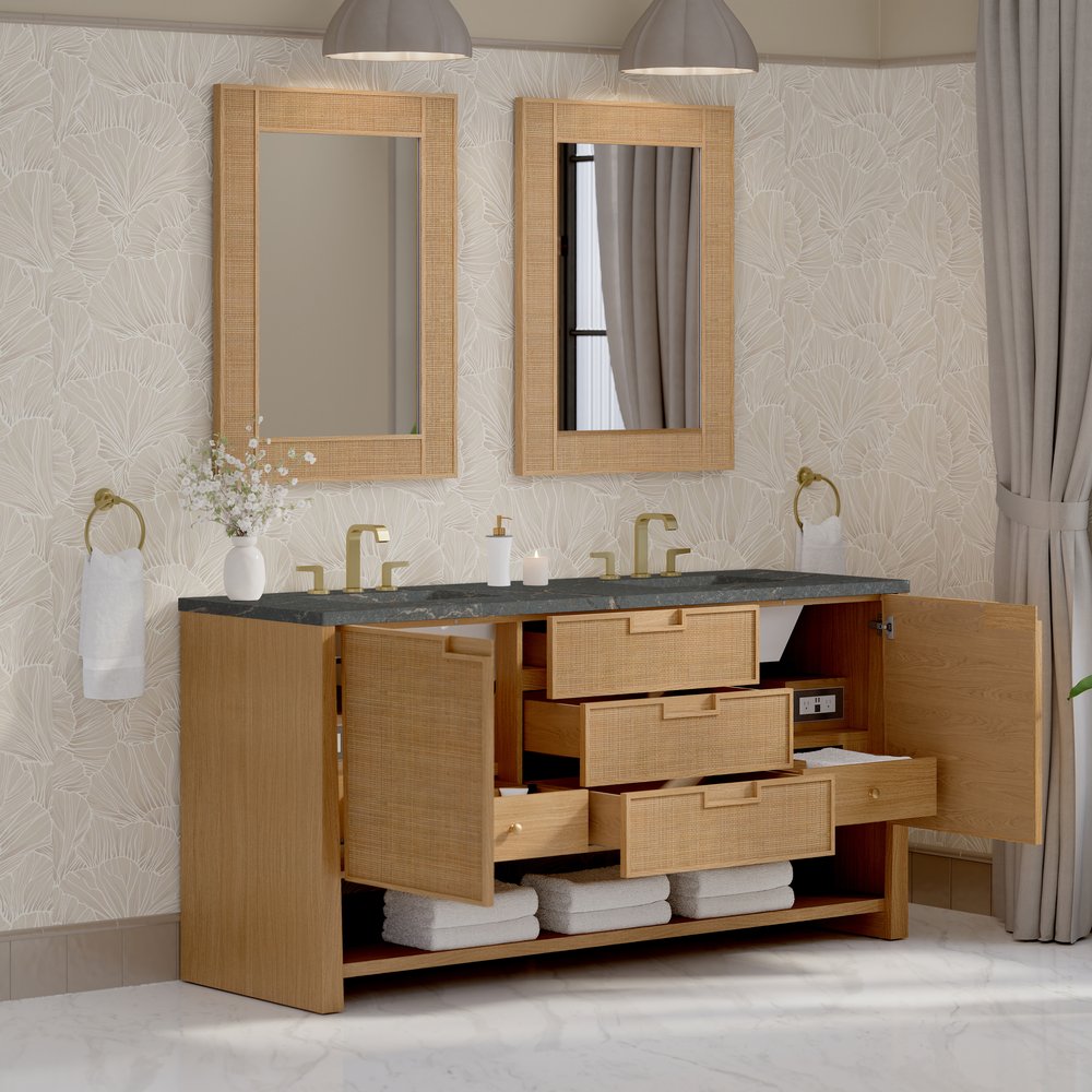 James Martin - Solene 72" Double Vanity, Seaside Oak, w/ 3 CM Parisien Bleu Quartz Top - D225-V72-SSO-3PBL view 5
