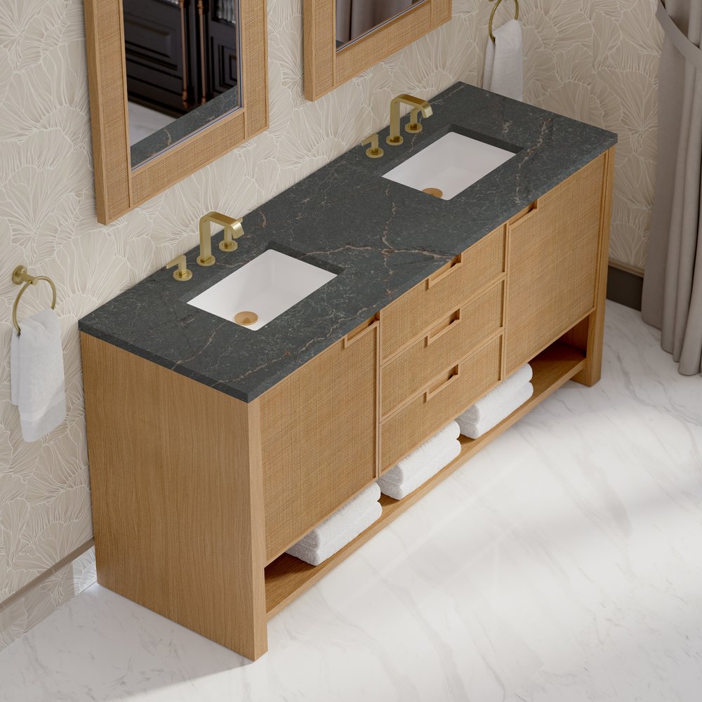 James Martin - Solene 72" Double Vanity, Seaside Oak, w/ 3 CM Parisien Bleu Quartz Top - D225-V72-SSO-3PBL view 7