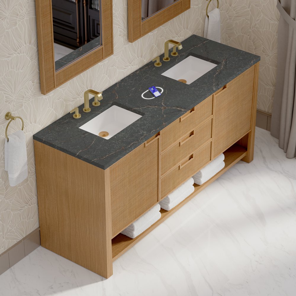 James Martin - Solene 72" Double Vanity, Seaside Oak, w/ 3 CM Parisien Bleu Silestone Top w/ FreePower Wireless Charger - D225-V72-SSO-FPBL view 8