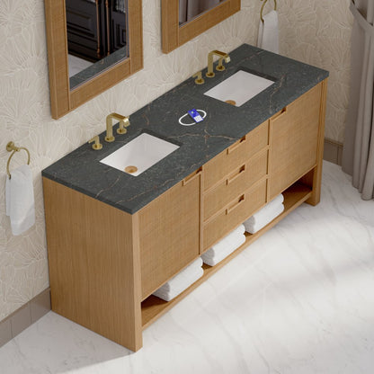 James Martin - Solene 72" Double Vanity, Seaside Oak, w/ 3 CM Parisien Bleu Silestone Top w/ FreePower Wireless Charger - D225-V72-SSO-FPBL view 8